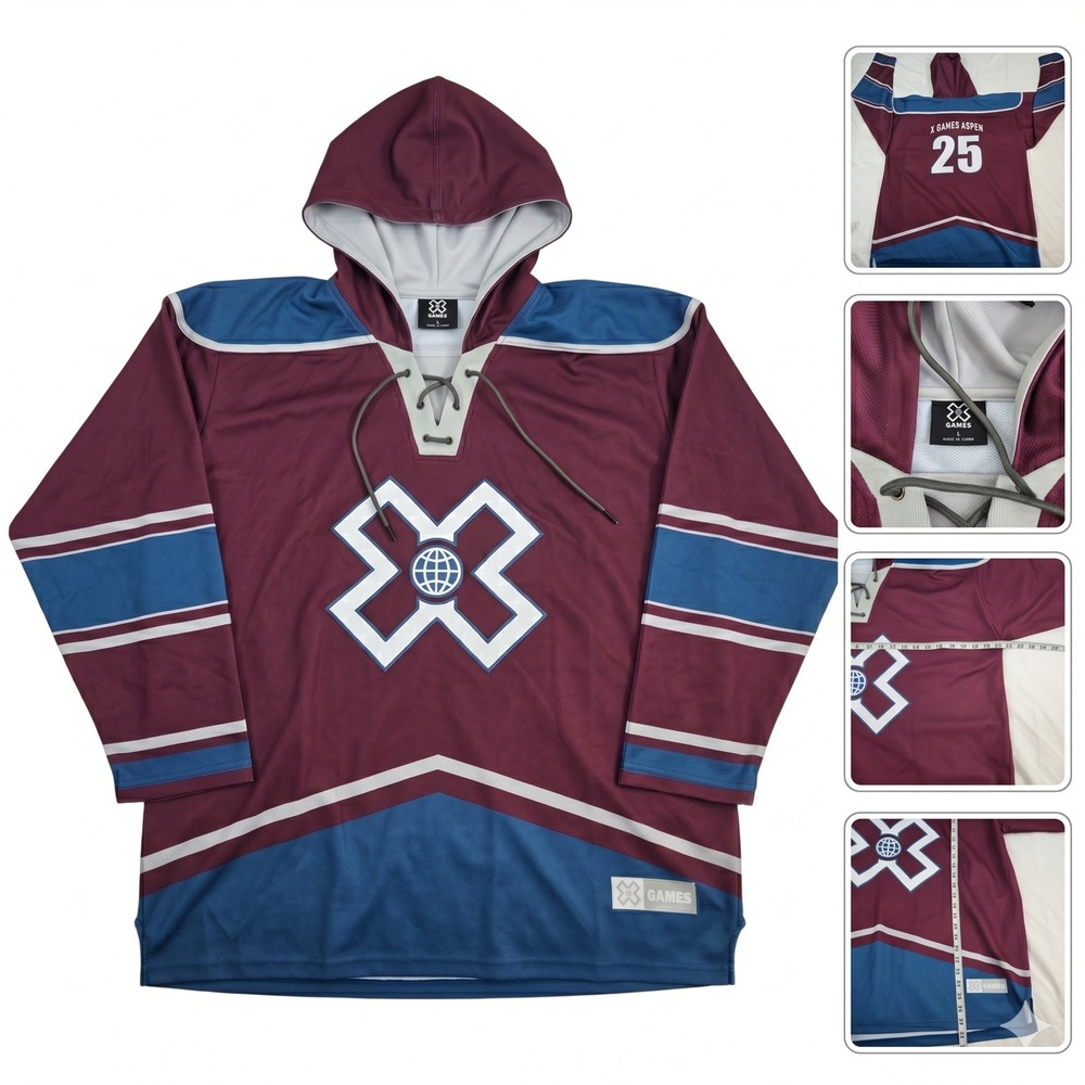 X Games Aspen 2025 Hockey Jersey Hoodie Mens Large Lace Up Pullover Burgundy